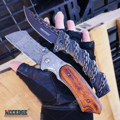 2 PC Huntsman COMBO SET TAC-FORCE STEEL CHAIN DESIGN Combat Pocket Knife + BUCKSHOT CLEAVER RAZOR Blade Damask Pocket Folding Knife Gift Set