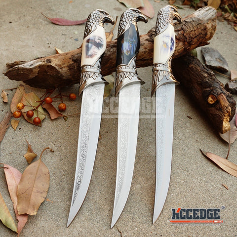 13" HUNTER COLLECTORS EAGLE DAGGER 3 Types Fixed Blade Knife Patriotic Eagle Head Pommel Handle Engraved Blade US Flag w/Scabbard