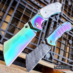 Little Cleaver Combo 2 PC Rainbow Assisted Open HIKING Miniature 6.5" Damascus Etched Cleaver + 8" Pearlized Rainbow CAMPING CLEAVER RAZOR Blade Gift Set