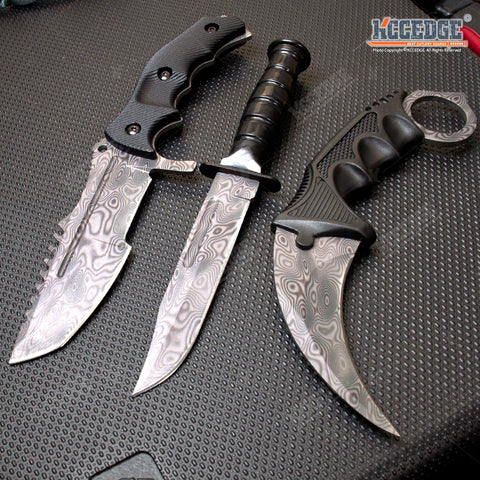 3PC COMBO CSGO Tactical Fixed Blade Knife Set - Hawkbill, Huntsman, Combat Knife