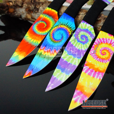 4 Colors 4PC 9" TIE DYE UNIQUE Survival Hunting Throwing Knife Set w/Sheath Wrapped Handle