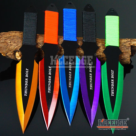 2PC 9" THUNDERBOLT High Impact Throwing Combat Knife Set with Sheath Survival Technicolor Outdoor Throwers Cord Wrapped Handles