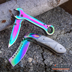 2 PC Rainbow Set CLEAVER SHAVER Style Folding Pocket Knife + EDC Mechanics MULTI TOOL WRENCH Mirror Finish Tactical Assisted Open Razor Blade Gift Set