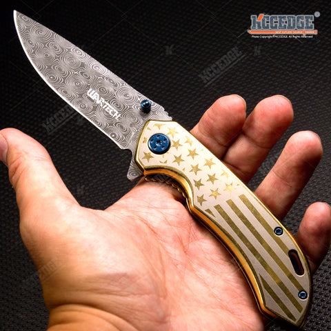 8" USA FLAG OUTDOOR CAMPING SPRING ASSISTED KNIFE W/ DAMASCUS ETCHED BLADE