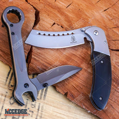 2 PC Grey MULTI TOOL WRENCH KNIFE POCKET KNIFE Mechanics Folding Razor Blade + Assisted Open BUCKSHOT CLEAVER SHAVER STYLE Blade EDC HIKING Gift Set