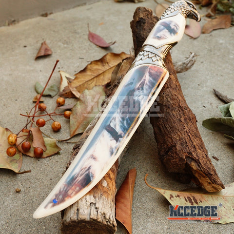 13" HUNTER COLLECTORS EAGLE DAGGER 3 Types Fixed Blade Knife Patriotic Eagle Head Pommel Handle Engraved Blade US Flag w/Scabbard