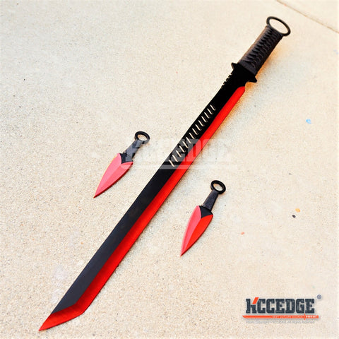 USA SELLER 27" Ninja Sword TANTO BLADE Machete w/ 2 Throwing Knife Full Tang Tactical Blade Black Katana