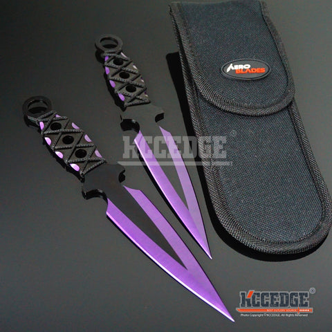 2PC 9" Throwing Knife Set Double Edged Blade Sharp Tip Point  with Sheath Survival Technicolor High Impact Outdoor Throwers Cord Wrapped Handles w/ Finger Hole
