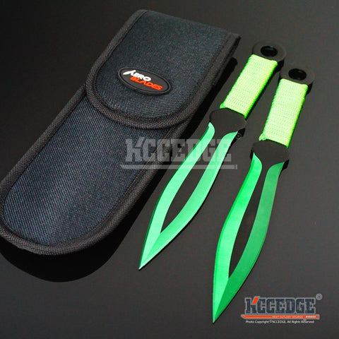 2PC 9" SUPER SHARP Tip Point Throwing Knife Set with Sheath Ninja Kunai Combat Technicolor High Impact Throwers Outdoor Nylon Cord Wrapped Handles w/ Finger Hole