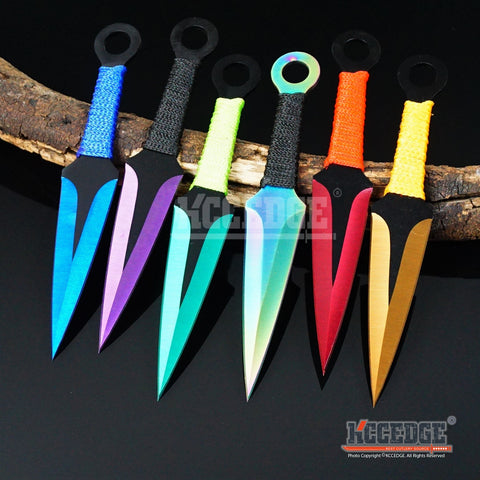6PC 6.75" Multicolor Throwing Knife Set Technicolor Survival +Sheath Finger Hole