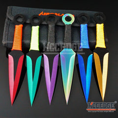 6PC 6.75" Multicolor Throwing Knife Set Technicolor Survival +Sheath Finger Hole