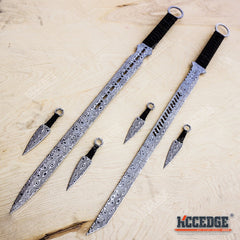 27" DAMASCUS ETCHED Full Tang Katana Sword w/ 2 Throwing Knives