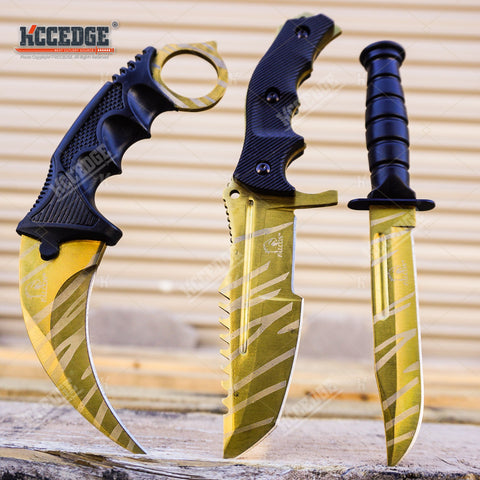 3PC COMBO CSGO Tactical Fixed Blade Knife Set - Hawkbill, Huntsman, Combat Knife