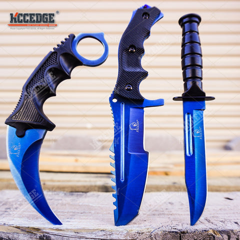3PC COMBO CSGO Tactical Fixed Blade Knife Set - Hawkbill, Huntsman, Combat Knife