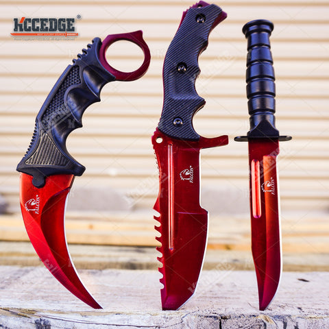 3PC COMBO CSGO Tactical Fixed Blade Knife Set - Hawkbill, Huntsman, Combat Knife