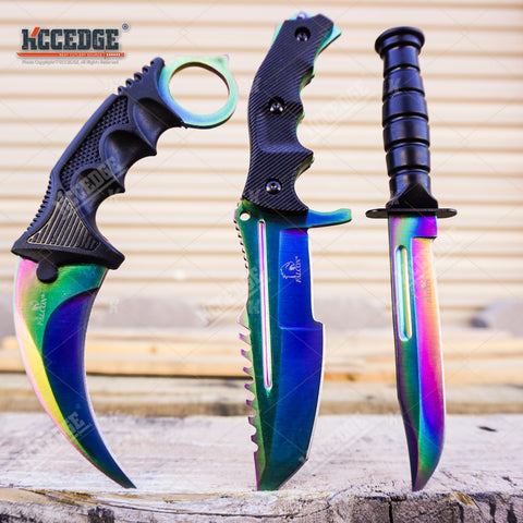 3PC COMBO CSGO Tactical Fixed Blade Knife Set - Hawkbill, Huntsman, Combat Knife