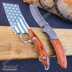 2PC COMBO Chrome American Flag FIXED CLEAVER + Damascus Etched SHAVER CLEAVER