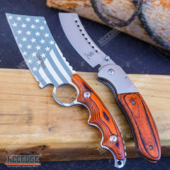 2PC COMBO Chrome American Flag FIXED CLEAVER + Chrome/Wood SHAVER STYLE CLEAVER