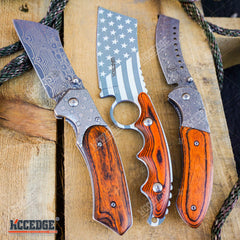 3PC US Flag FIXED CLEAVER + Damascus Etched CLEAVER + CLEAVER SHAVER Style