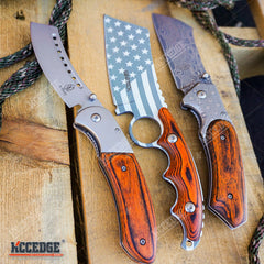 3PC US Flag FIXED CLEAVER + Damascus Etched CLEAVER + SHAVER Style CLEAVER