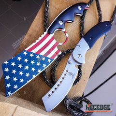 2PC Patriotic American Flag FIXED CLEAVER + Black SHAVER STYLE CLEAVER
