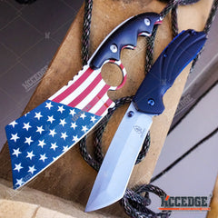 2PC CLEAVER Style Patriotic American Flag FIXED Knife + Black/Blue TANTO CLEAVER