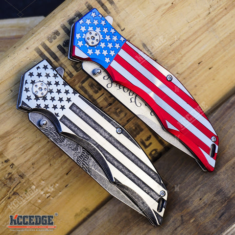 2PC USA PATRIOTIC COMBO 9" US FLAG We The People KNIFE + Don't Tread on Me KNIFE