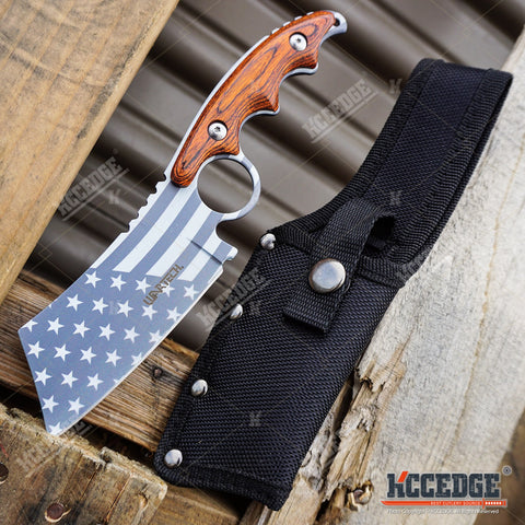 PROUD OF AMERICA 8.25" FIXED BLADE CLEAVER Patriotic American Flag HUNTING Knife