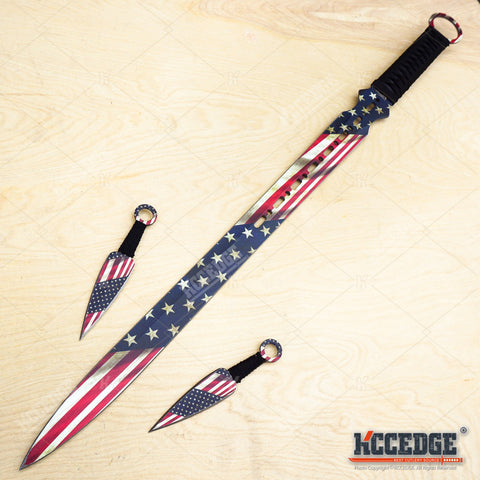 PROUD OF AMERICA US FLAG 27" Ninja Sword + 2 Throwing Knife TANTO Machete Katana