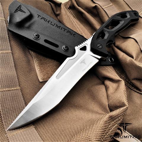 TAKUMITAK 10" Fixed Blade Knife Full Tang D2 Blade 4.82mm Tanto Recurve Blade G10 Handle Kydex Sheath Camping Knife Hunting Knife