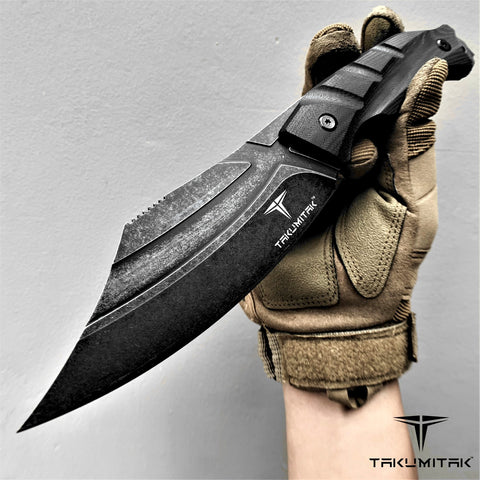 TAKUMITAK 10" Fixed Blade Knife Full Tang D2 Blade 4.90mm Clip Point Blade G10 Handle Kydex Sheath Tactical Knife