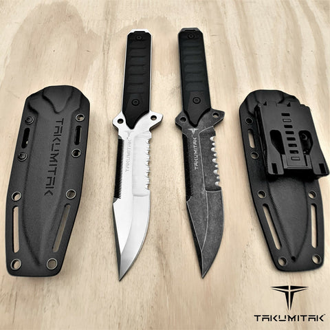 Takumitak 11" Fixed Blade Knife Full Tang Serrated D2 Blade 4.71mm Clip Point Blade G10 Handle Kydex Sheath Survival Knife Rescue Knife EDC Bushcraft Go Bag Knife