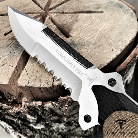 Takumitak 11" Fixed Blade Knife Full Tang Serrated D2 Blade 4.71mm Clip Point Blade G10 Handle Kydex Sheath Survival Knife Rescue Knife EDC Bushcraft Go Bag Knife