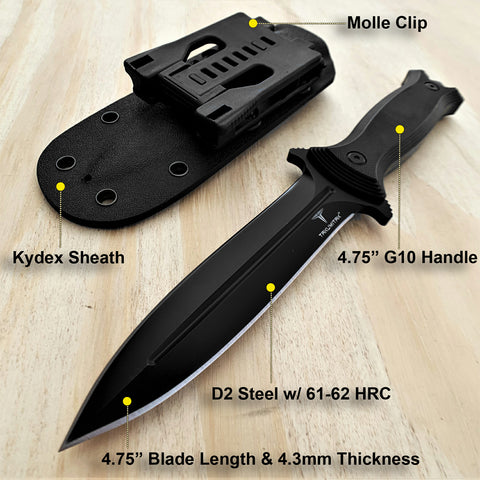 TAKUMITAK 9.5" Fixed Blade Knife D2 5mm Spearpoint Blade G10 & Kydex Sheath Tactical Knife
