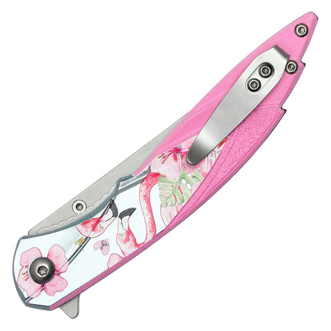 7.75” Outdoors Man Bushcraft Hunting Tactical EDC Everyday Pink Flamingo Pocket Knife, Camping Gear Folding Knife, Survival Tool Accessories, Father’s Day Gift, Birthday Gift, Christmas Gift