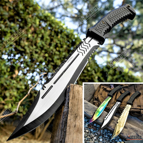 17" Full Tang Fixed Blade Machete Partially Serrated Clip Point Blade Survival Knife Camping Knife Hunting Knife