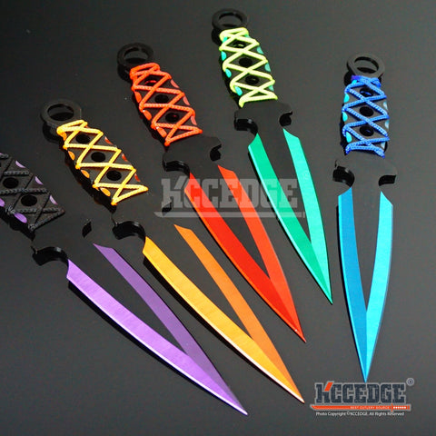 2PC 9" Throwing Knife Set Double Edged Blade Sharp Tip Point  with Sheath Survival Technicolor High Impact Outdoor Throwers Cord Wrapped Handles w/ Finger Hole