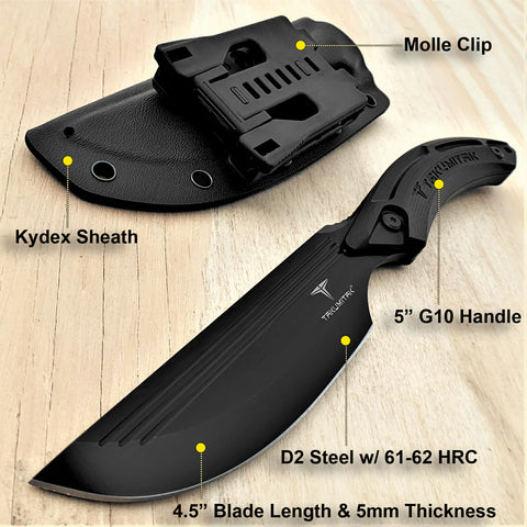 TAKUMITAK 9.5" Fixed Blade Knife D2 5mm Straight Back Blade G10 & Kydex Sheath Tactical Knife