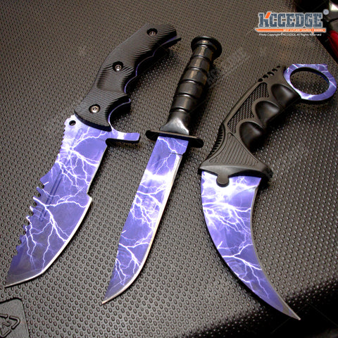 3PC COMBO CSGO Tactical Fixed Blade Knife Set - Hawkbill, Huntsman, Combat Knife