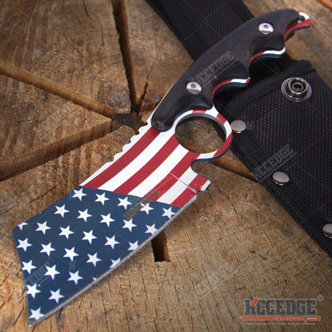 8 1/4" FIXED BLADE Patriotic American Flag CLEAVER Style FULL TANG CAMPING HUNTING Knife with Sheath