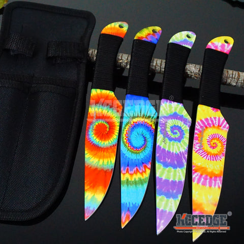 4 Colors 4PC 9" TIE DYE UNIQUE Survival Hunting Throwing Knife Set w/Sheath Wrapped Handle