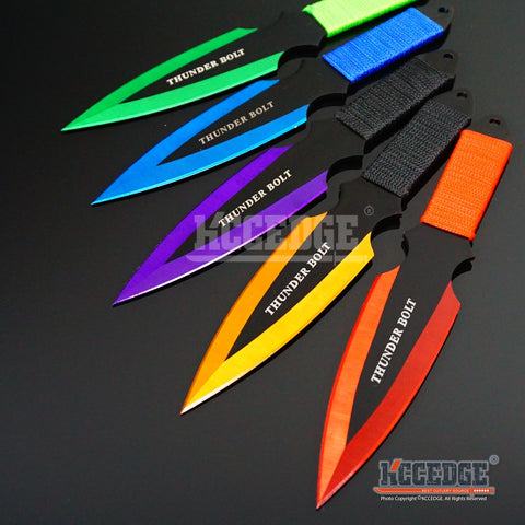 2PC 9" THUNDERBOLT High Impact Throwing Combat Knife Set with Sheath Survival Technicolor Outdoor Throwers Cord Wrapped Handles