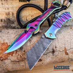 Little Cleaver Combo 2 PC Rainbow HIKING Assisted Open Miniature Folding 6.5" Pocket CLEAVER + Mechanics 7.5" WRENCH KNIFE EDC MULTI TOOL POCKET KNIFE Gift Set