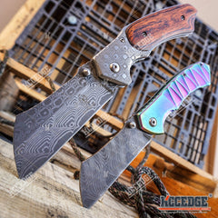 Little Cleaver Combo 2 PC Damascus Etched Assisted Open OUTDOOR Miniature 6.5" Cleaver + 8" HIKING CAMPING Buckshot Folding CLEAVER RAZOR Blade Gift Set