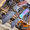 Image of Little Cleaver Combo 2 PC Damascus Etched Assisted Open OUTDOOR Miniature 6.5" Cleaver + 8" HIKING CAMPING Buckshot Folding CLEAVER RAZOR Blade Gift Set