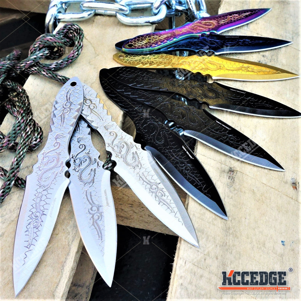 3PC 6.5 Dragon Etched Throwing Knife Set with Sheath Ninja Kunai Comb –  KCCEDGE
