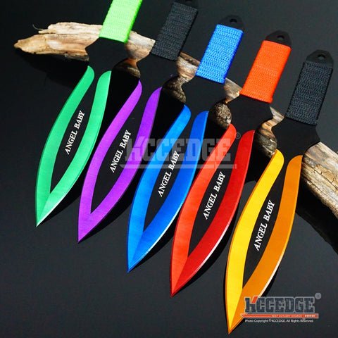 2PC 9" ANGEL BABY Extremely Sharp Throwing Knife Set Double Edged Blade Sharp Tip Point w/Sheath Survival Technicolor Outdoor Throwers Cord Wrapped Handles