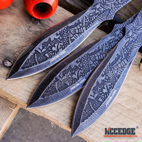 3PC 6 1/2" Ninja Kunai Throwers Etched Samurai Warrior Bushido Survival Hunting