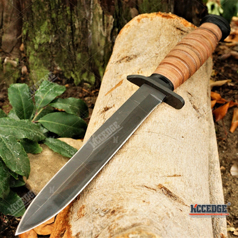 11 3/4" WWII M3 FIGHTING TRENCH KNIFE w/out Bayonet STACKED LEATHER HANDLE + SCABBARD w/ Wire Hook TACTICAL HUNTING FIXED BLADE
