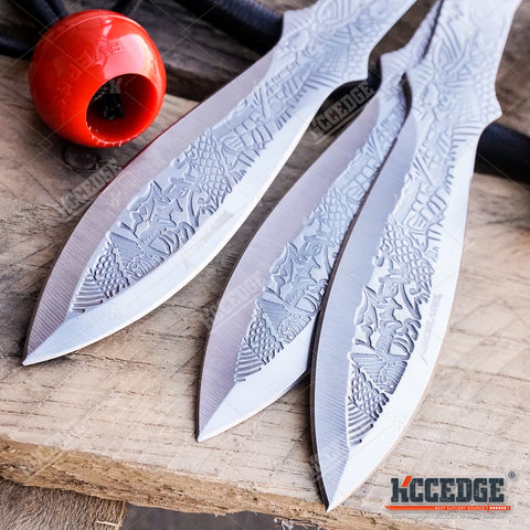 3PC 6 1/2" Ninja Kunai Throwers Etched Samurai Warrior Bushido Survival Hunting